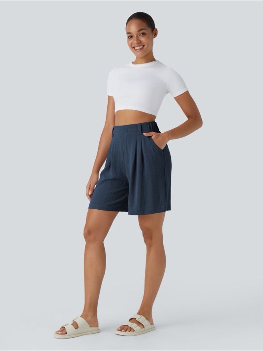 NWT HALARA High Waisted Pocket Wide Leg Casual Linen-Feel Bermuda Shorts, Sz S